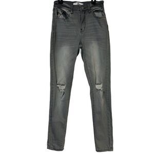 KanCan Jeans Kira High Rise Gray Denim Size‎ 26 Distressed Stretch Logo BOHO 90s